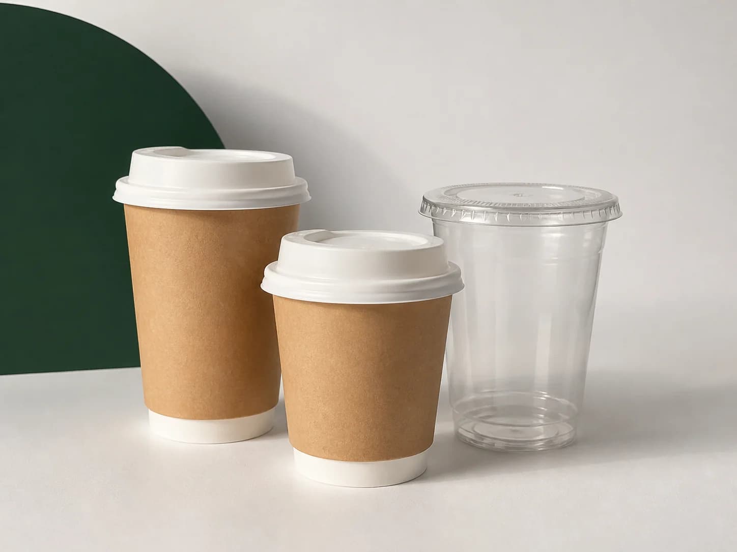 Unbranded kraft hot cups and a clear cold cup arranged in a studio