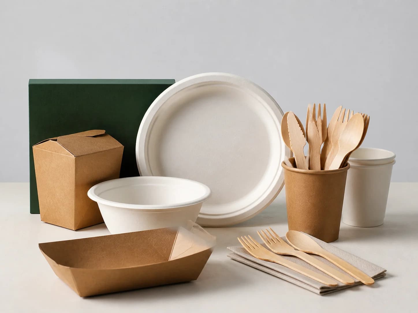 Plain foodservice trays, molded-fiber tableware, and wooden cutlery