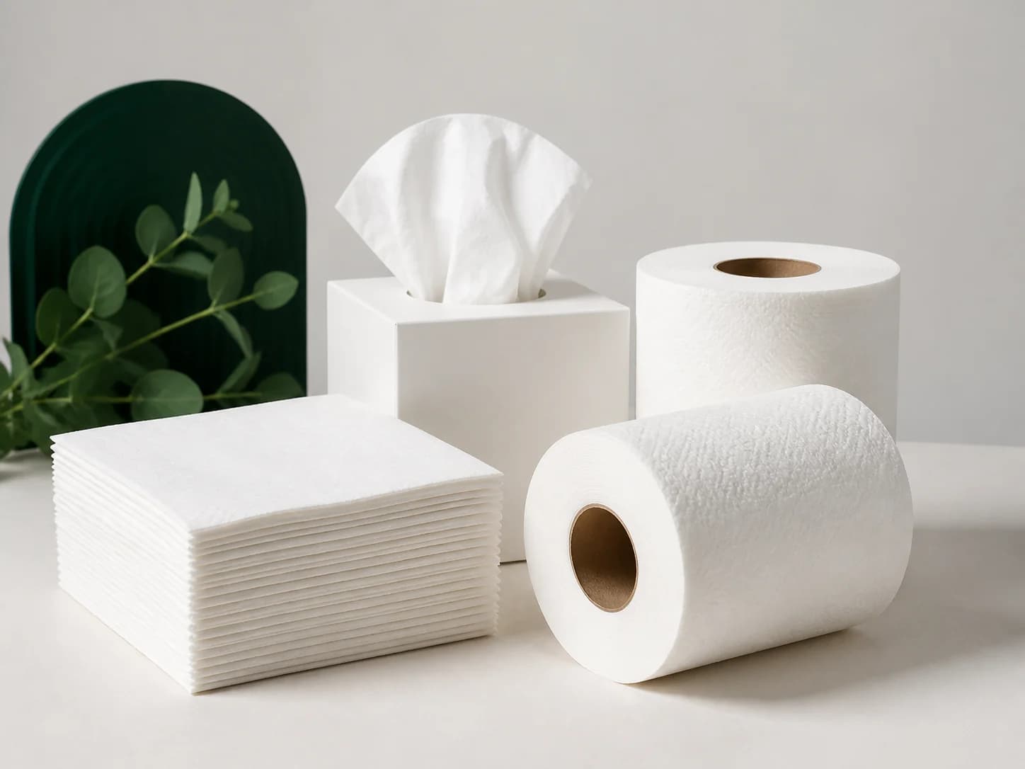 Folded napkins, facial tissues, and tissue rolls arranged in a studio