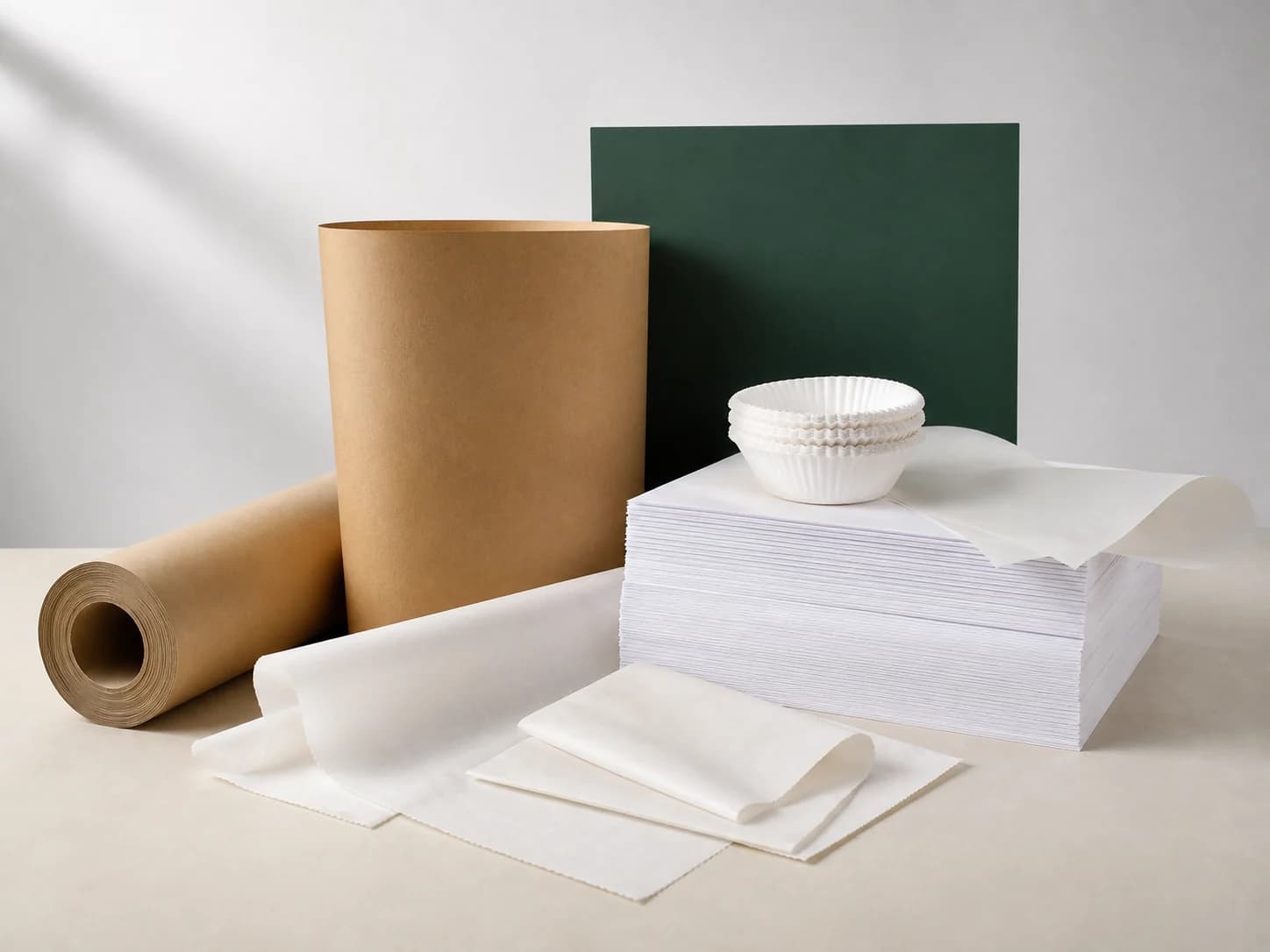 Plain paper rolls, sheets, liners, and wraps arranged in a studio