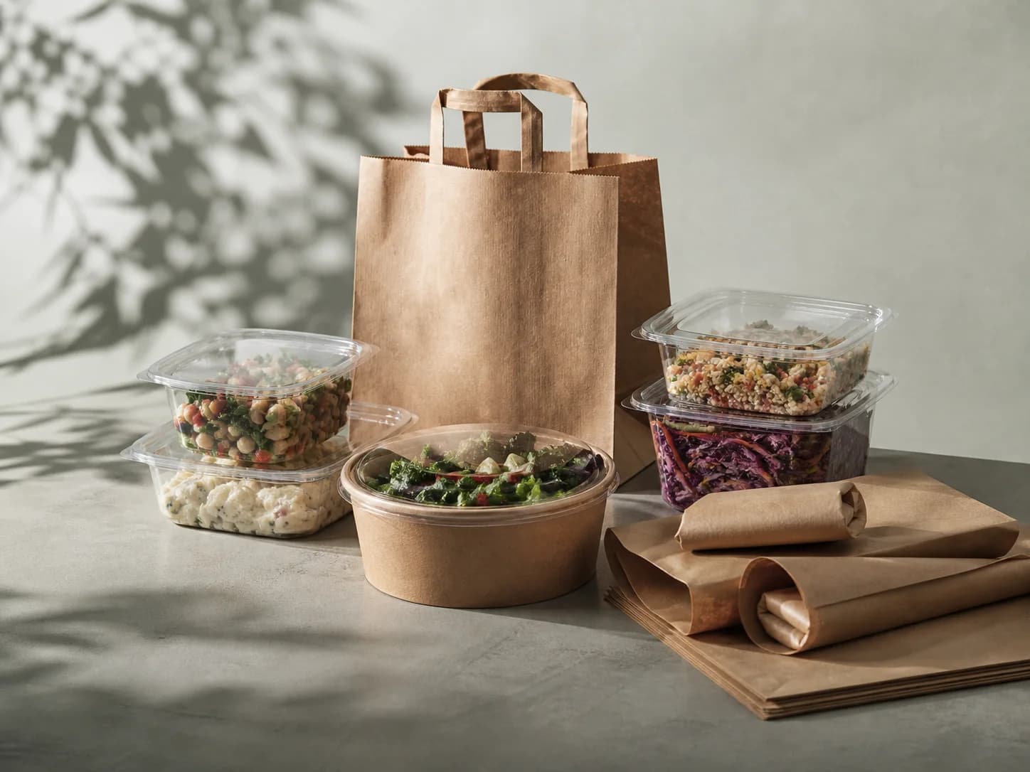 Deli containers, salad bowls, paper wraps, and grocery bags on a counter