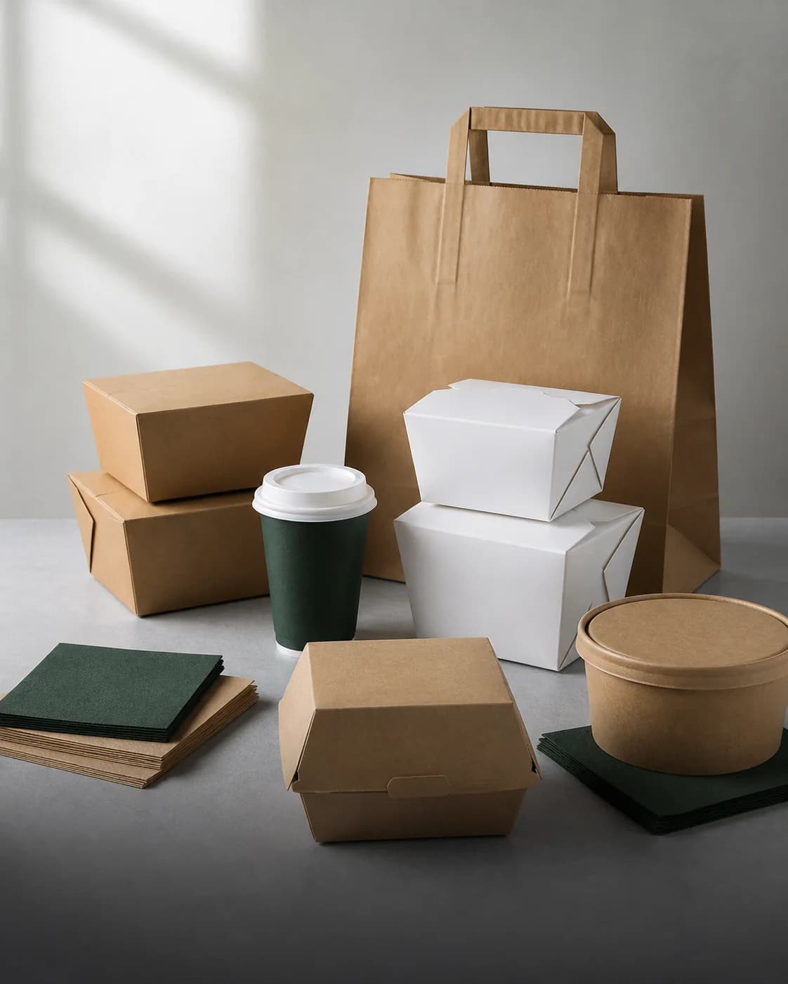 Paper bags, takeaway boxes, cups, bowls, and napkins arranged for restaurant service